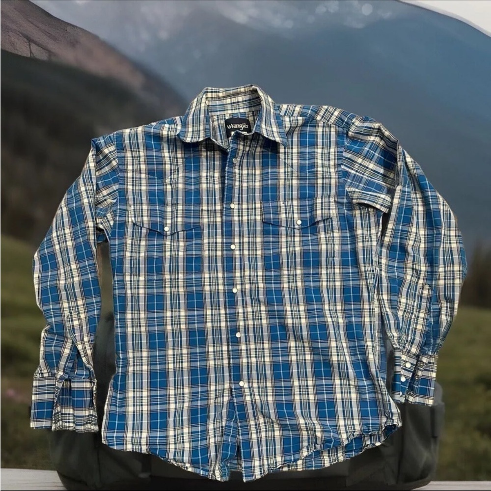 Wrangler Shirt Men’s Medium Blue Plaid Pearl Snap Western Cowboy Rodeo Ranch